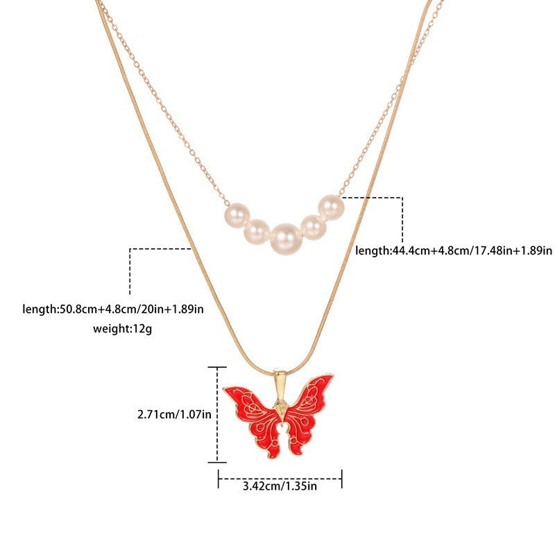 Colorful Butterfly Princess Same Necklace Double Layer Pearl Necklace Colorful Butterfly Neck Chain