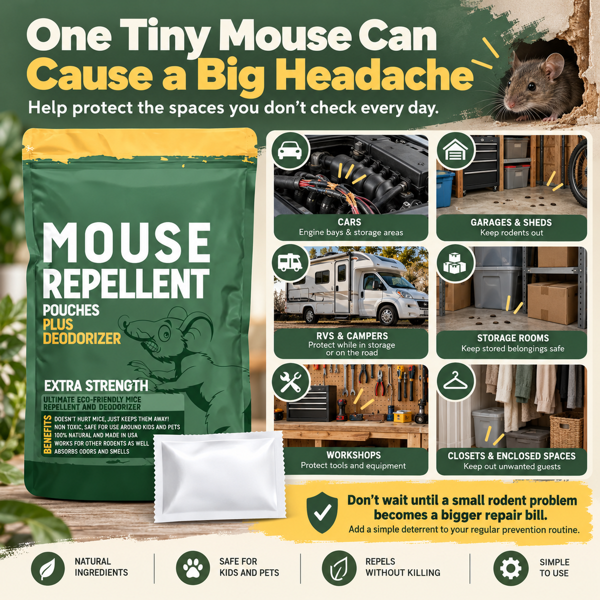 12PCS Mouse Repellent Pouches – Peppermint Oil Rodent Deterrent for Cars, RVs & Home